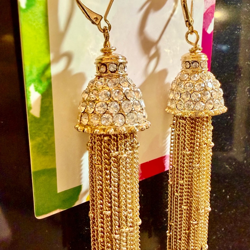 Lilly Pulitzer Earrings Gold Chain Tassel Crystal Earrings Pierced - Picture 3 of 7